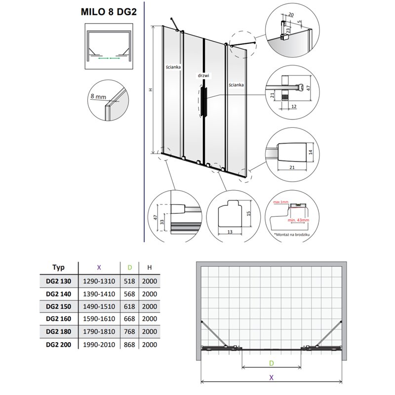 Vixor Milo 8 DG2 Drzwi prysznicowe przesuwne chrom 180 cm (N05-06488-01-01, N05-81442-00-01)