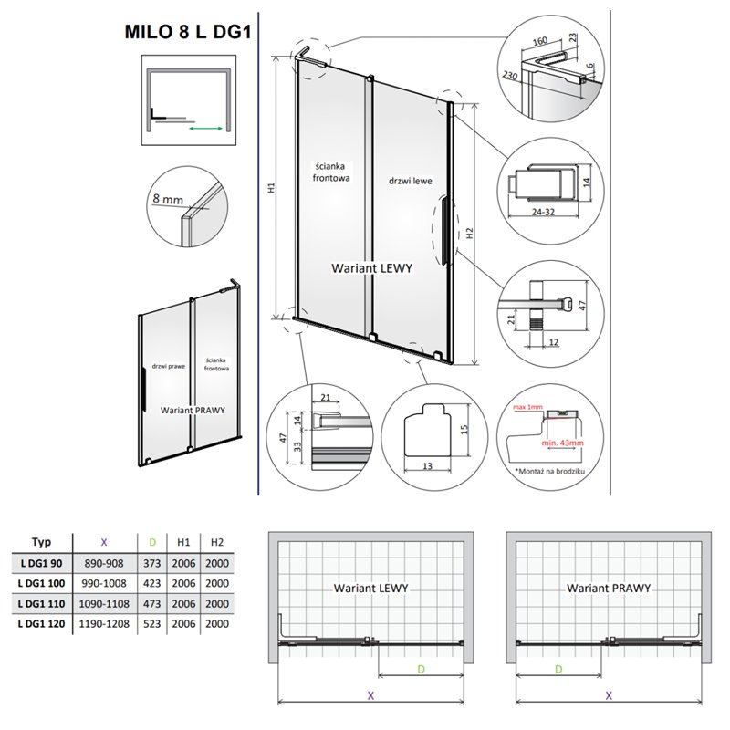 Vixor Milo 8 L DG1 Drzwi prysznicowe przesuwne prawe nikiel szczotkowany 100 cm (N05-09522-91-01R, N05-80480-00-01)