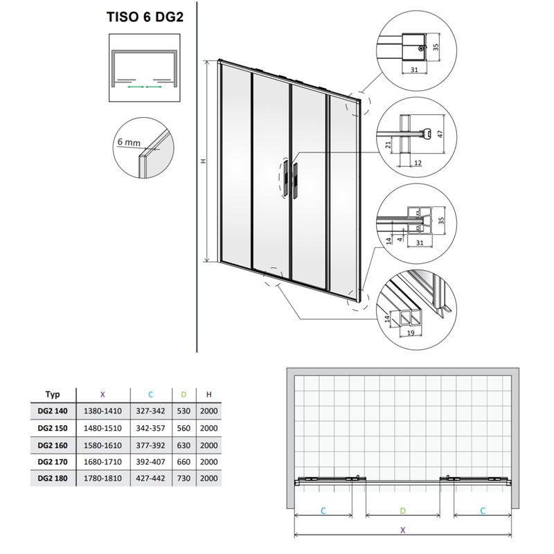 Vixor Tiso 6 DG2 Drzwi prysznicowe przesuwne chrom 170 cm (N13-06170-01-01)