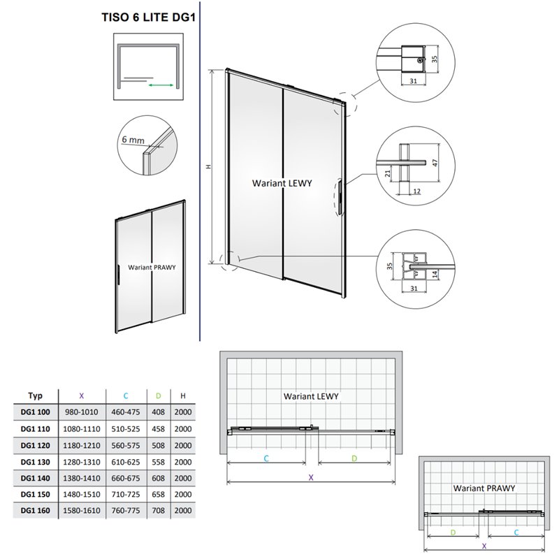 Vixor Tiso 6 lite DG1 Drzwi prysznicowe przesuwne lewe gunmetal szczotkowany 150 cm (N14-01150-92-01L)