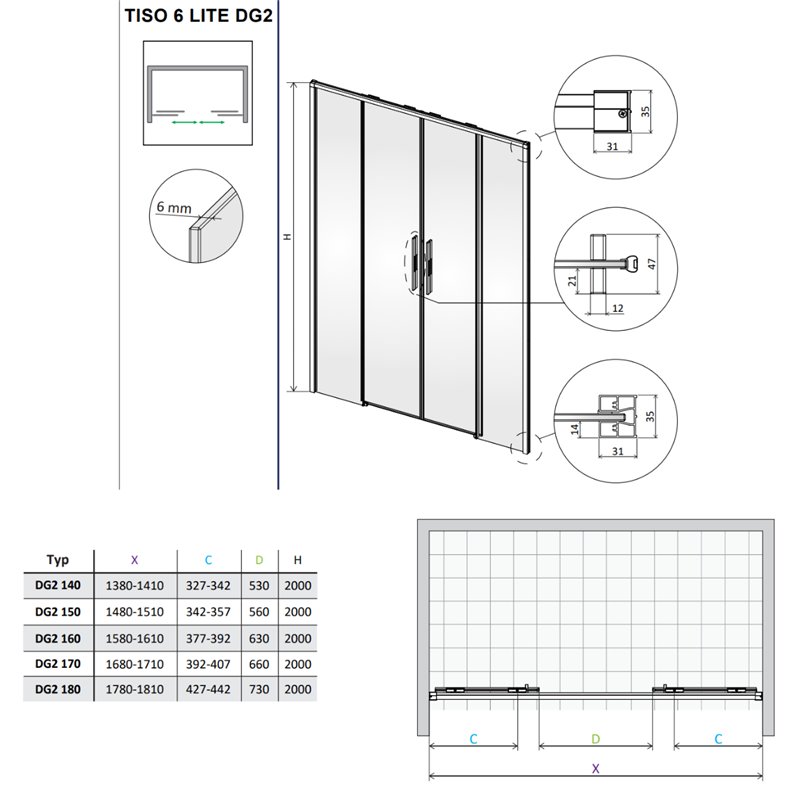 Vixor Tiso 6 lite DG2 Drzwi prysznicowe przesuwne chrom 150 cm (N14-06150-01-01)