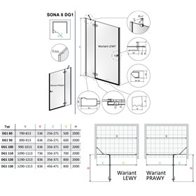 Vixor Sona 8 lite DG1 Drzwi prysznicowe otwierane na zewnątrz lewe chrom 120 cm (N03-80812-00-01L, N03-01333-01-01L)