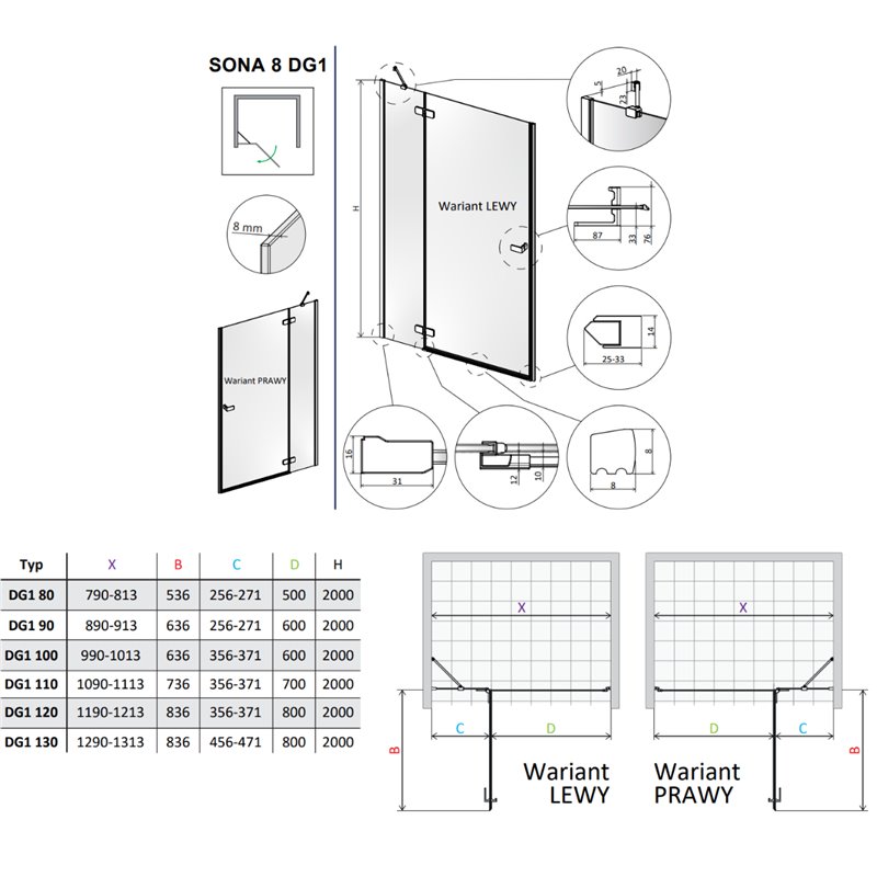 Vixor Sona 8 DG1 Drzwi prysznicowe otwierane na zewnątrz prawe miedź szczotkowana 110 cm (N03-80712-00-01R, N03-01333-93-01R)