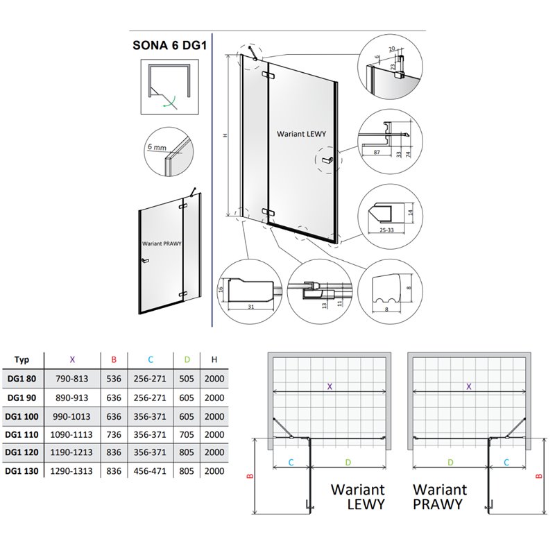 Vixor Sona 6 DG1 Drzwi prysznicowe otwierane na zewnątrz prawe chrom 90 cm (N01-01090-01-01R)