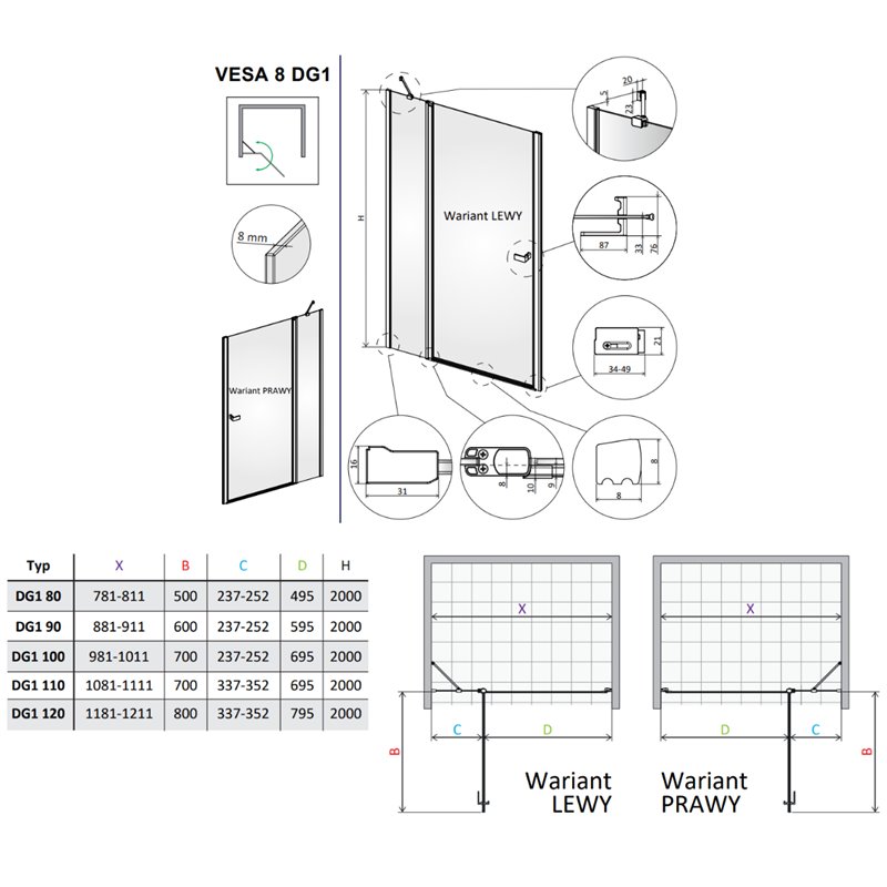 Vixor Vesa 8 DG1 Drzwi prysznicowe otwierane na zewnątrz prawe czarny mat 110 cm (N10-01110-54-01R)
