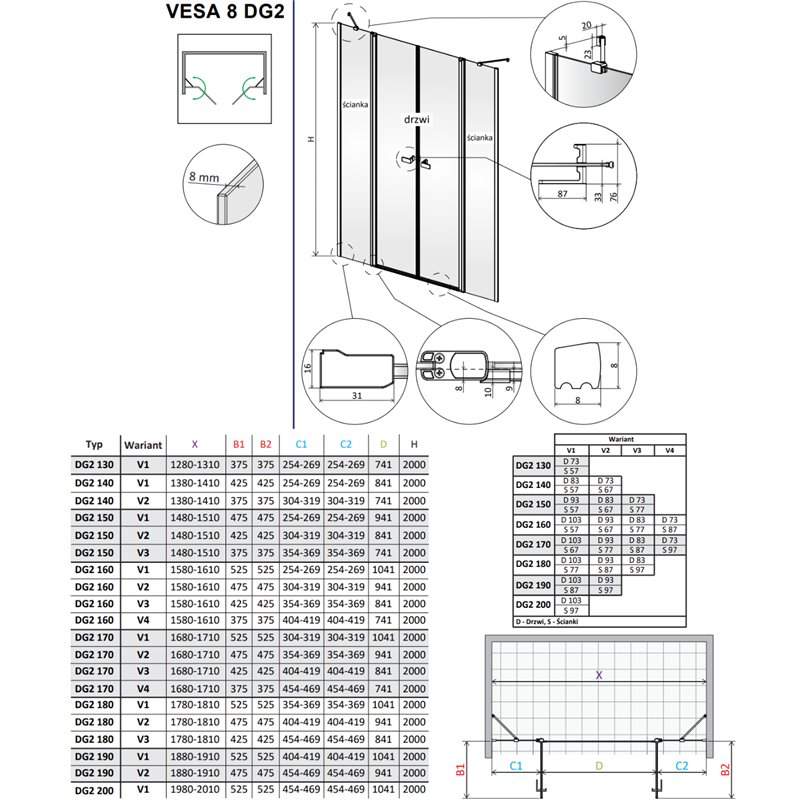 Vixor Vesa 8 DG2 Drzwi prysznicowe wahadłowe dwuczęściowe czarny mat (drzwi 73 cm + ścianki 57 cm) (N10-06730-54-01+N10-63570-54
