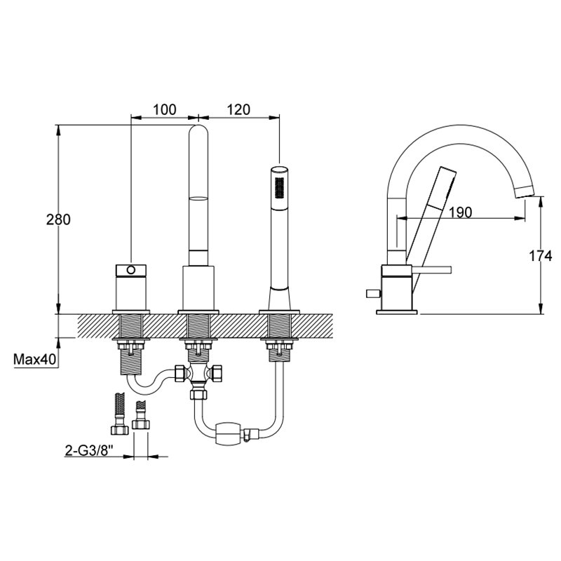 Kohlman Axel Brushed Copper 3-otworowa bateria wannowa z obrotową wylewką (QB241ABC)
