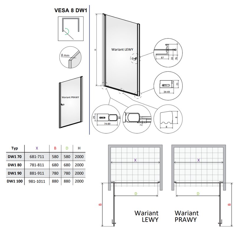 Vixor Vesa 8 DW1 Drzwi prysznicowe wahadłowe prawe chrom 80 cm (N10-00080-01-01R)