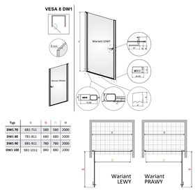 Vixor Vesa 8 DW1 Drzwi prysznicowe wahadłowe prawe czarny mat 90 cm (N10-00090-54-01R)