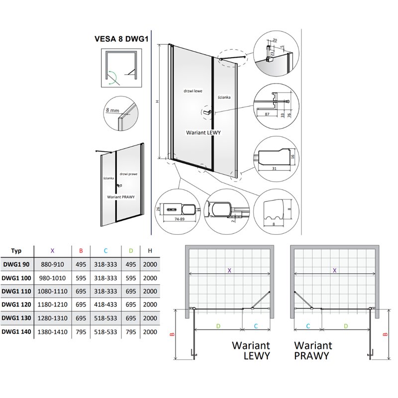 Vixor Vesa 8 DWG2 Drzwi prysznicowe wahadłowe lewe czarny mat 140 cm (N10-02790-54-01L, N10-80508-00-01)