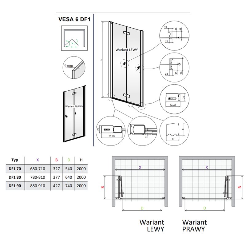 Vixor Vesa 6 DF1 Drzwi prysznicowe składane prawe złoty błyszczący 90 cm (N09-04090-09-01R)