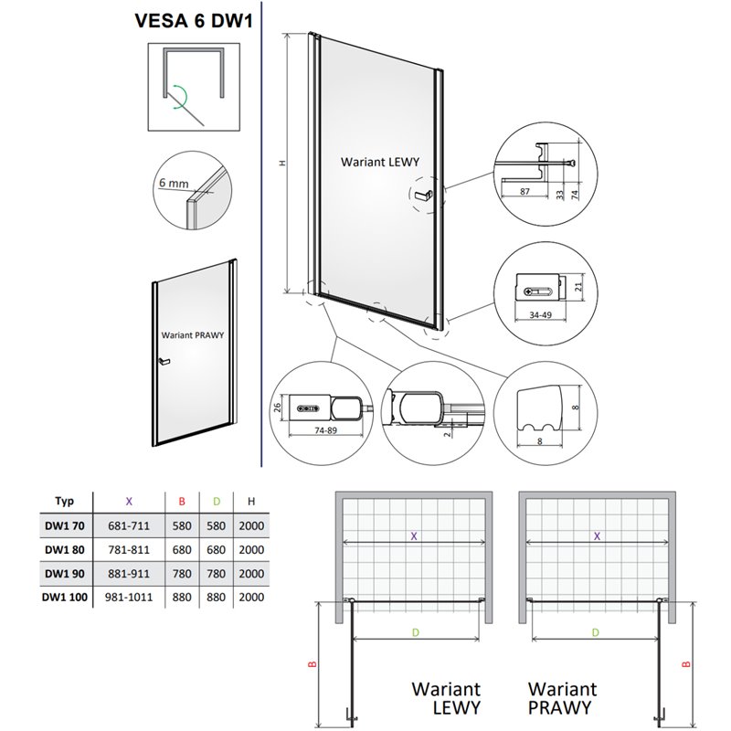 Vixor Vesa 6 DW1 Drzwi prysznicowe wahadłowe prawe nikiel szczotkowany 90 cm (N09-00090-91-01R)