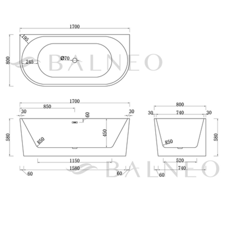 Balneo Viva Wanna wolnostojąca przyścienna biała 170 x 80 cm akrylowa z przelewem i korkiem gun metal (J0101070103-3)