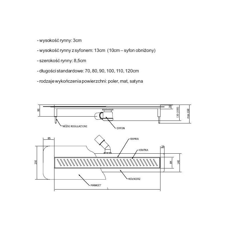 Wiper Premium Zonda 50 cm odpływ liniowy z syfonem snake (OL50P-ZON)