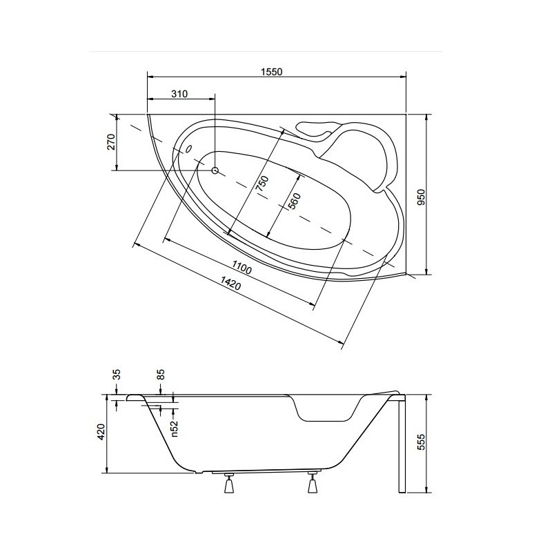 Besco Finezja Nova Wanna Asymetryczna Prawa 155x95