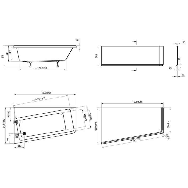 Ravak 10° 170x100 L Wanna Asymetryczna (C811000000+GPX2240396)
