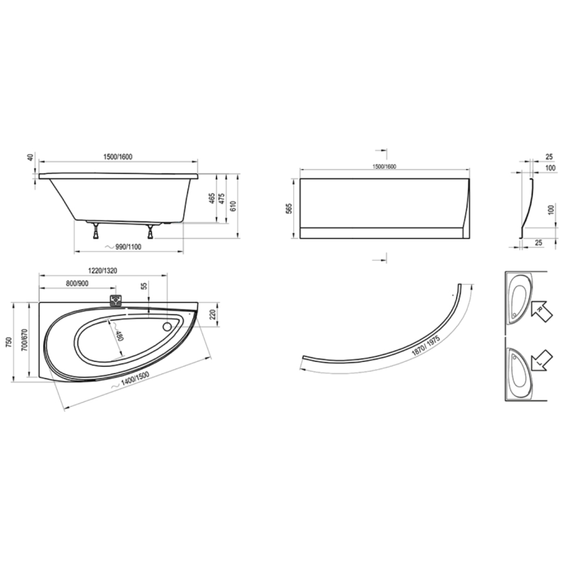 Ravak Avocado 150x75 L Wanna Asymetryczna (CT01000000+GPX224031)