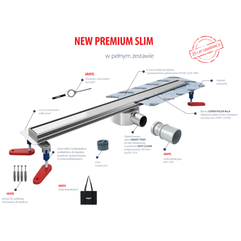 Wiper New Premium Slim Ponente Odpływ Liniowy 100 cm - Zestaw (Odpływ+Mankiet+Nóżki)