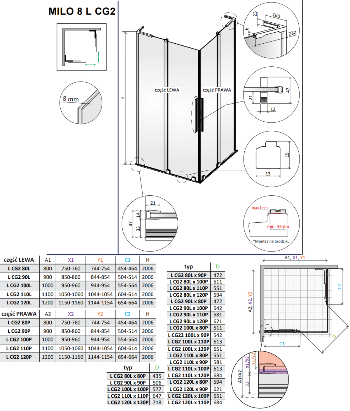vixor milo kabina prysznicowa rysunek techniczny